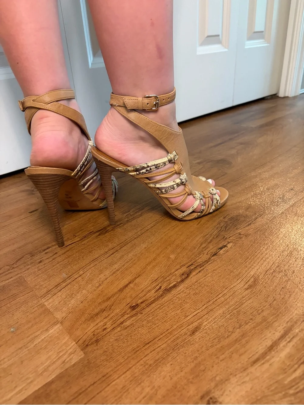 Coach Tan Strappy High Heel Sandals with Snakeskin Accents